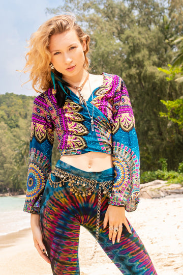 Purple and Teal Boho Mandala Bell Sleeve Tie Blouse